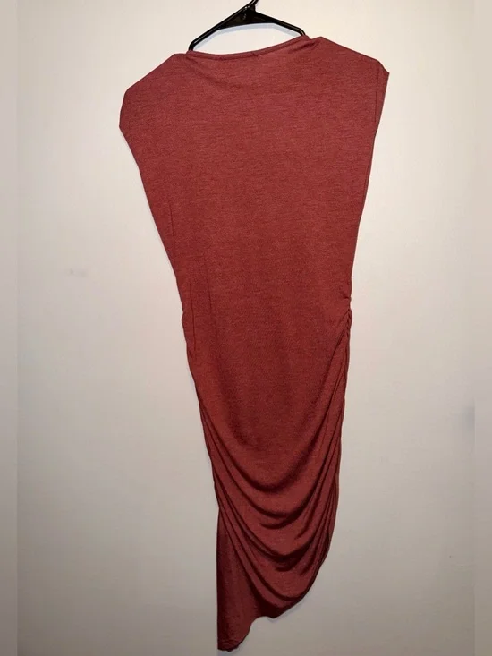 Sleeveless Ruched Asymmetric Midi Dress - Rust - Picture 2 of 3